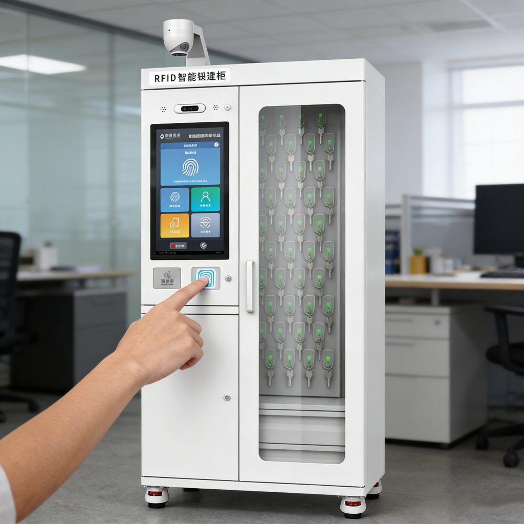 A user authenticating at an RFID key cabinet using RFID card, showing real-world operation and access control