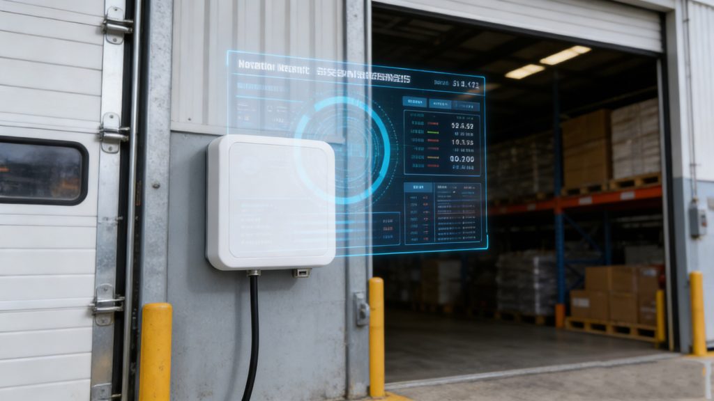 RFID reader at warehouse gate capturing incoming pallets – real-time data overlay