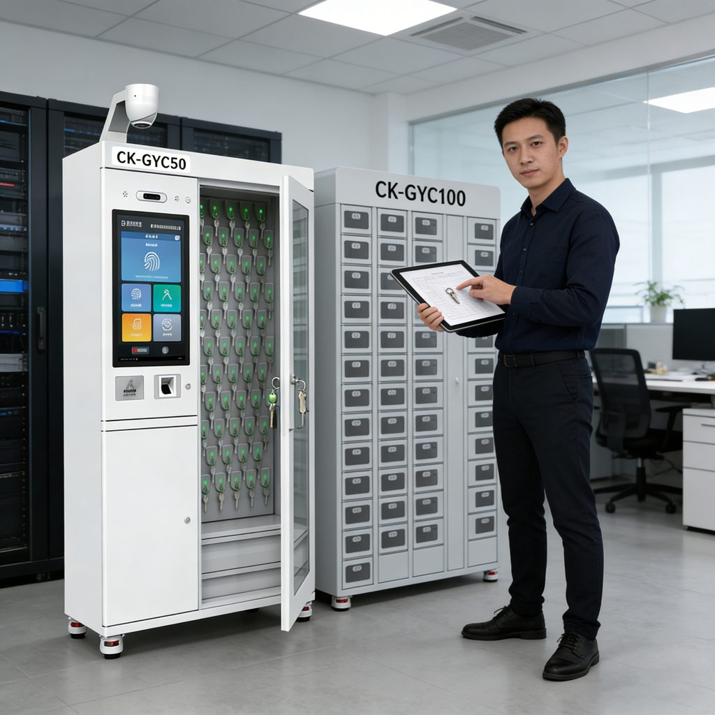 Integrator comparing CK-GYC50 and CK-GYC100 key cabinets on-site, reviewing capacity and slot arrangement