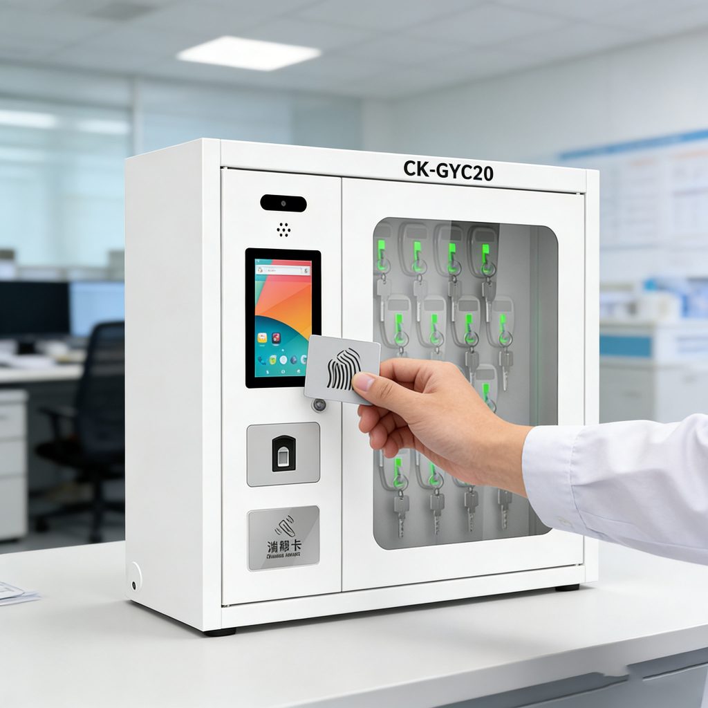 Staff authenticating at a CK-GYC20 RFID key cabinet using fingerprint and card reader in a secure facility