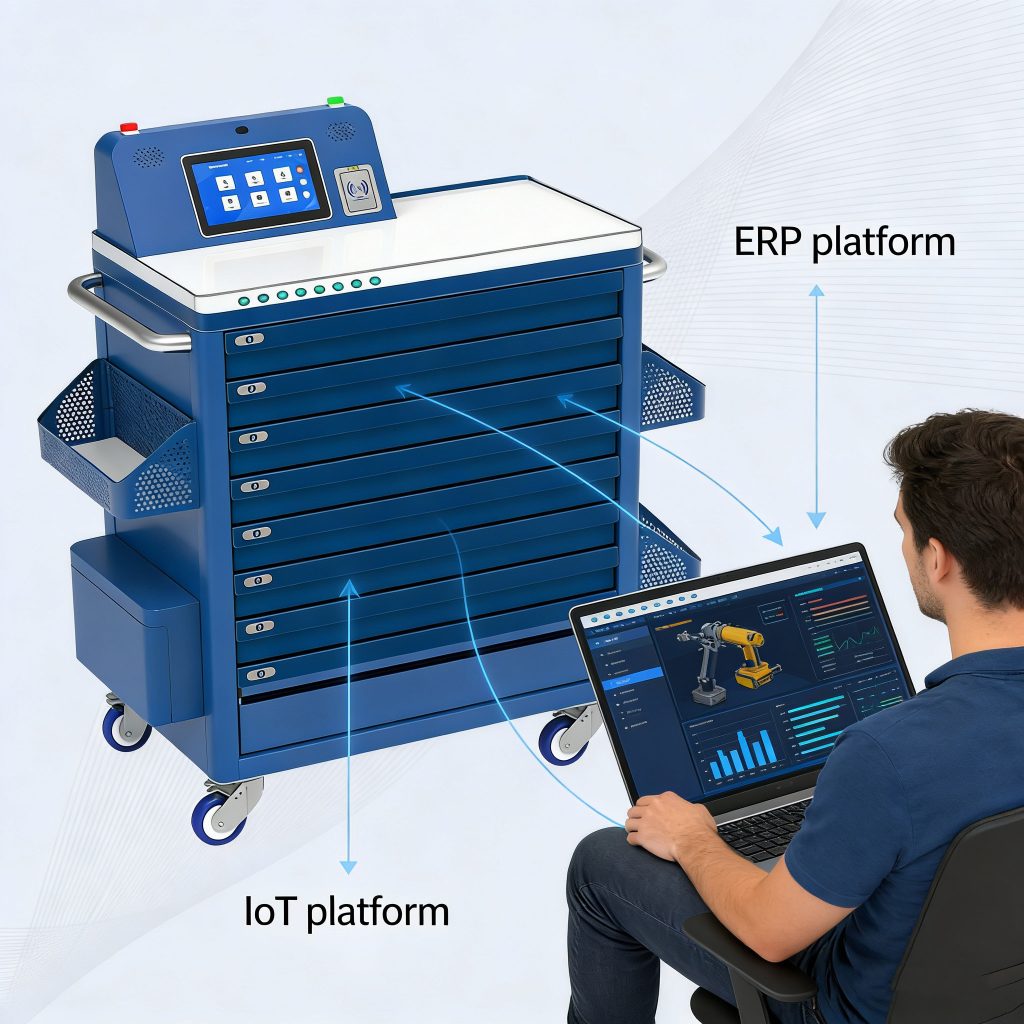 Tool events flow directly from the cabinet into ERP and IoT systems through APIs.