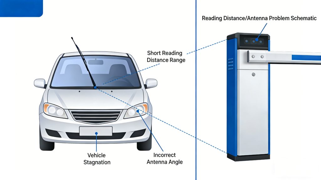 Why Your RFID Gate Access Control System Is Slowing Down Traffic (And How to Fix It) 2 Illustration showing vehicles slowing due to incorrect RFID reader distance and antenna positioning.