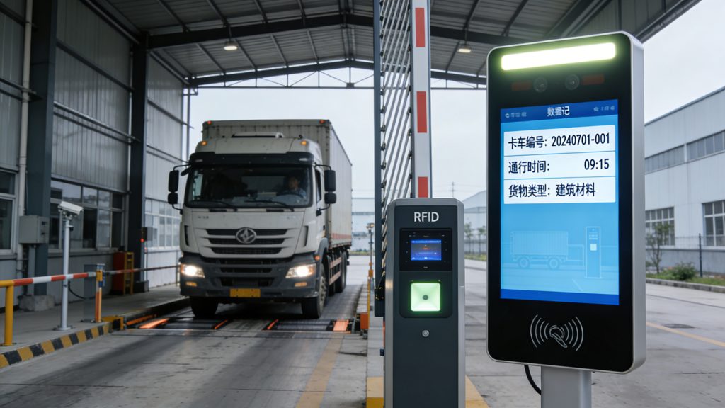 Truck entering industrial facility with RFID gate access control system and real-time management dashboard.