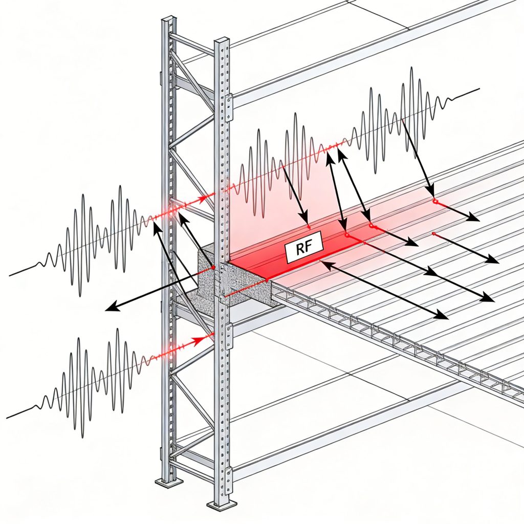 Metal structures create multipath interference. Mounting distance and antenna design significantly affect stability.