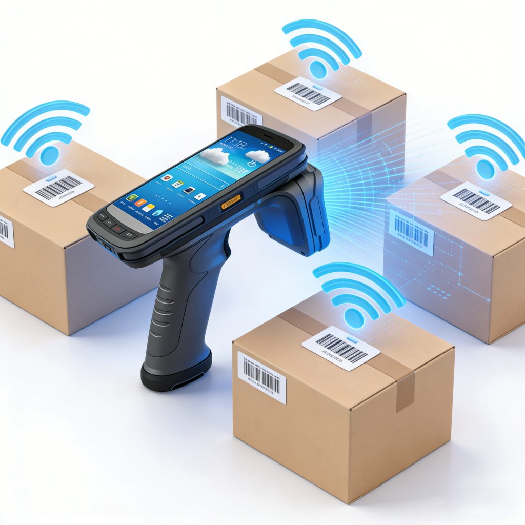 diagram showing handheld RFID scanner reading multiple RFID tags