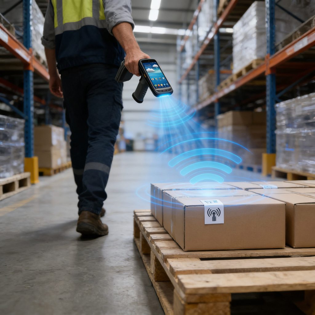 warehouse staff performing cycle counting using handheld RFID scanner