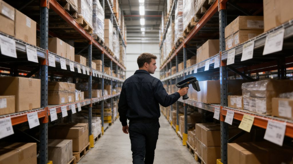 How Portable RFID Scanners Improve Warehouse Inventory Accuracy 3 worker performing rfid cycle counting in warehouse aisle