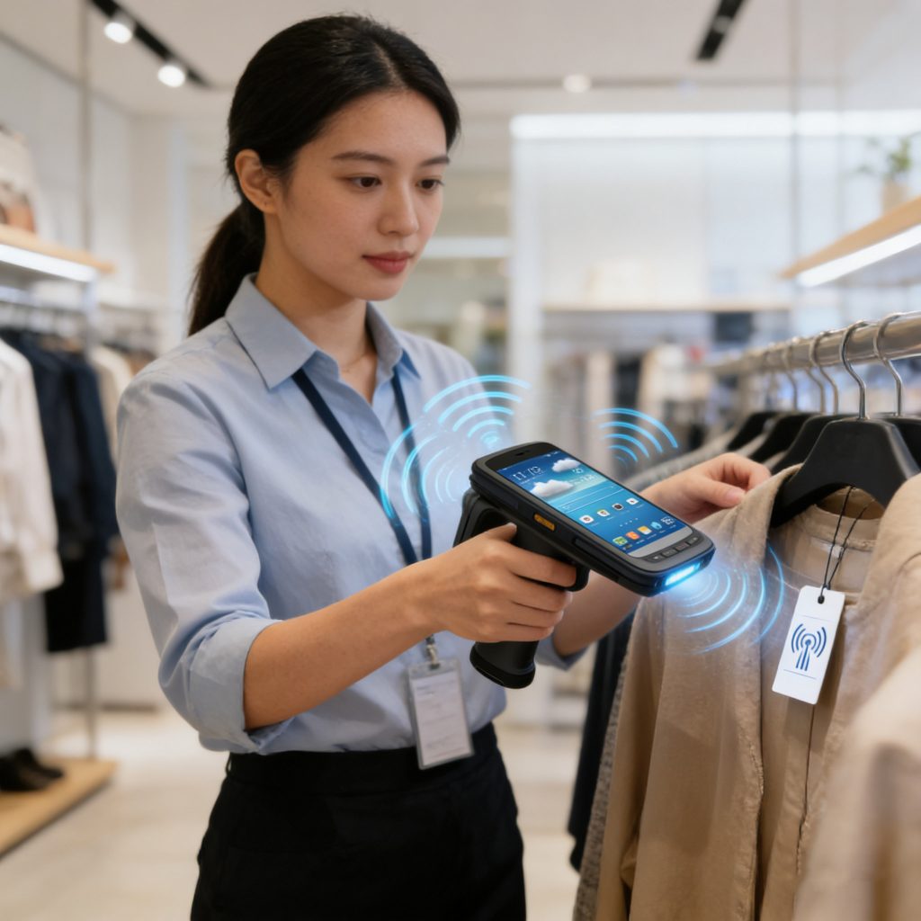 store employee scanning clothing inventory with handheld RFID scanner