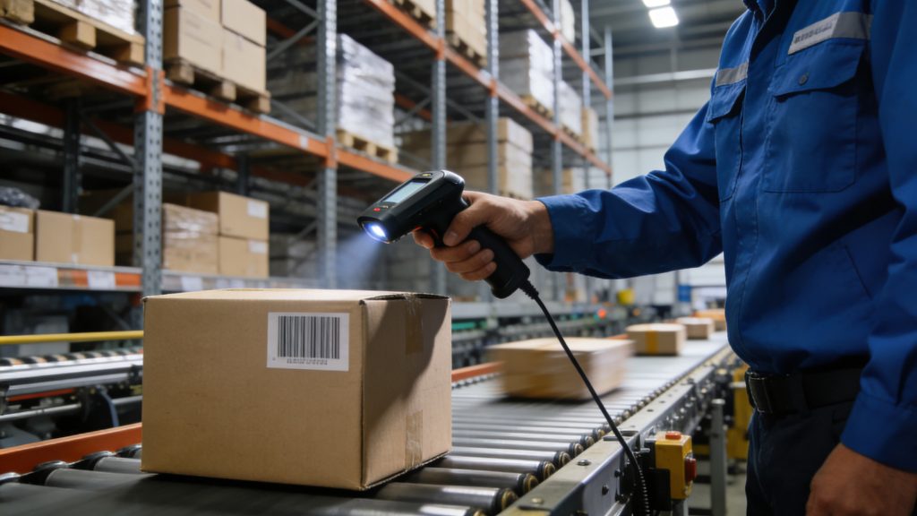 warehouse worker scanning carton barcode using handheld scanner 