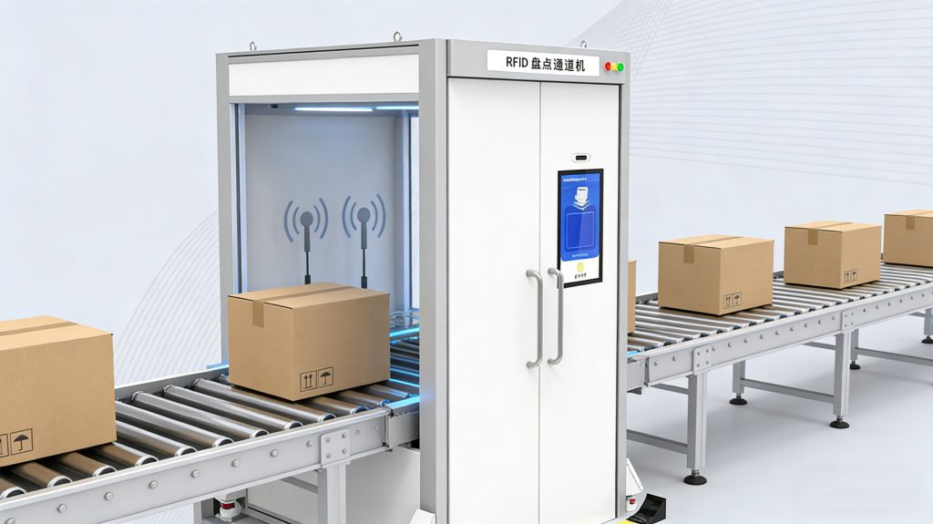 RFID tunnel scanner installed on conveyor system scanning boxes automatically