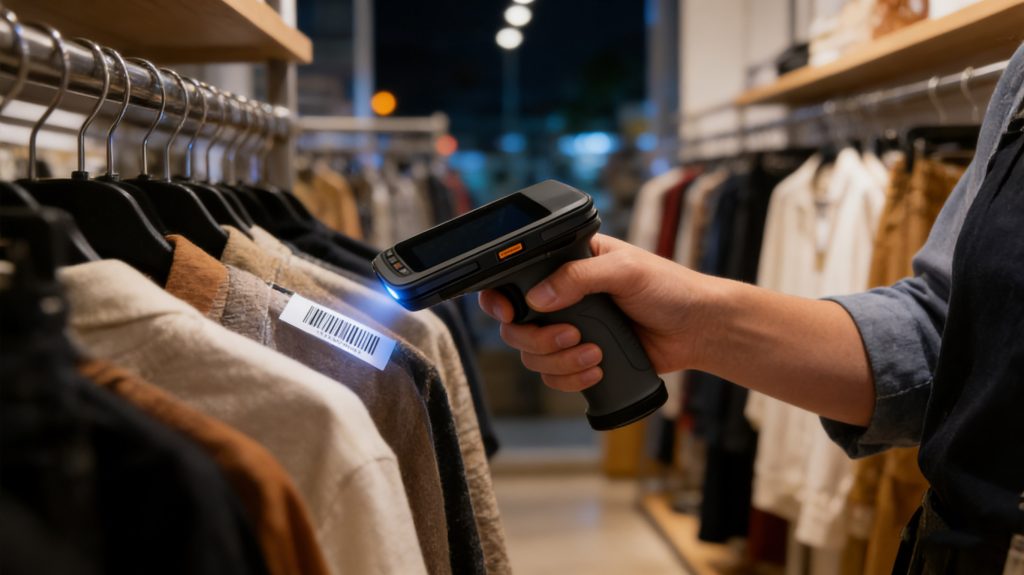 How Retail Stores Actually Use Portable RFID Scanners for Inventory 1 retail employee scanning clothing barcode during store inventory count