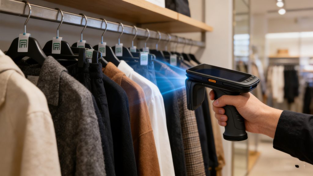 How Retail Stores Actually Use Portable RFID Scanners for Inventory 2 handheld rfid scanner reading multiple apparel rfid tags