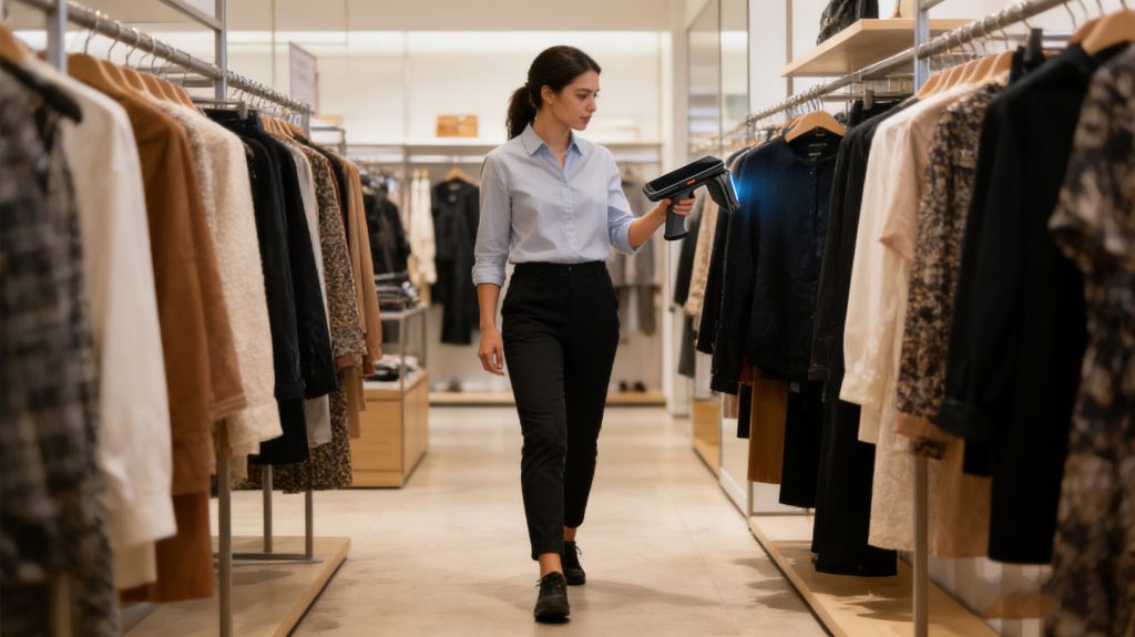 How Retail Stores Actually Use Portable RFID Scanners for Inventory 3 store employee performing rfid inventory counting on clothing racks