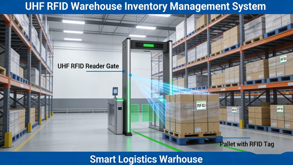 RFID Types and Usage Guidelines: Choosing the Right RFID Technology 2 UHF RFID reader scanning pallets in warehouse inventory system