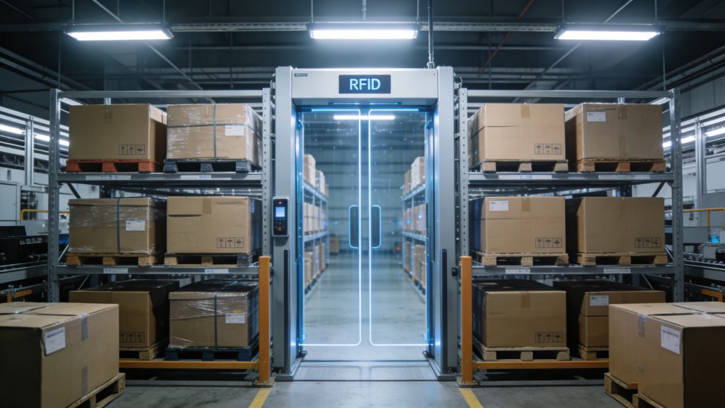 RFID reader detecting multiple tagged packages in warehouse automation system