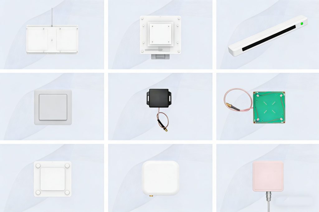 CYKEO UHF RFID antennas showing different shapes, sizes, and gain options.