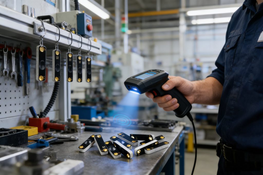 RFID tags used for tracking industrial tools and equipment in a manufacturing facility