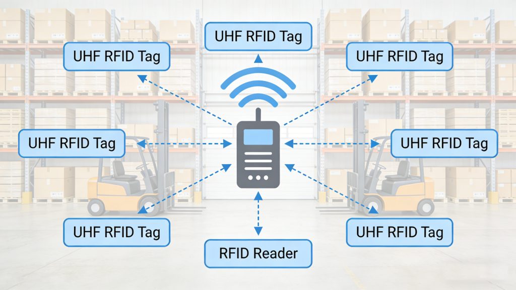 Diagram showing how UHF RFID tags communicate with an RFID reader using radio waves