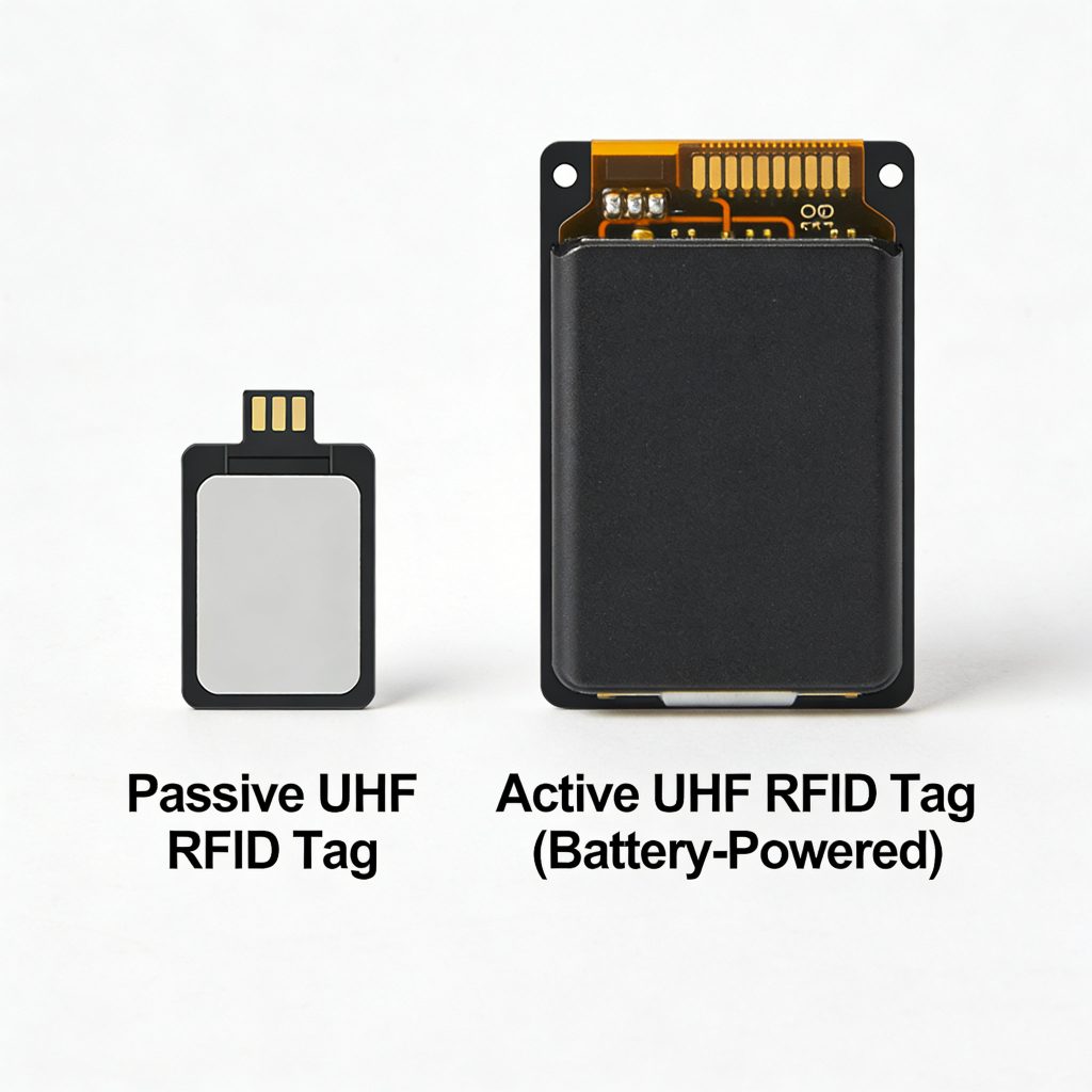 Side-by-side comparison of passive and active UHF RFID tags