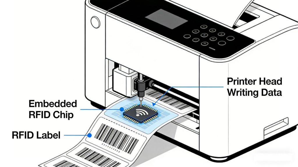 RFID Printer Guide: How RFID Printers Work and When You Need One 1 Diagram showing how RFID printer encodes RFID labels