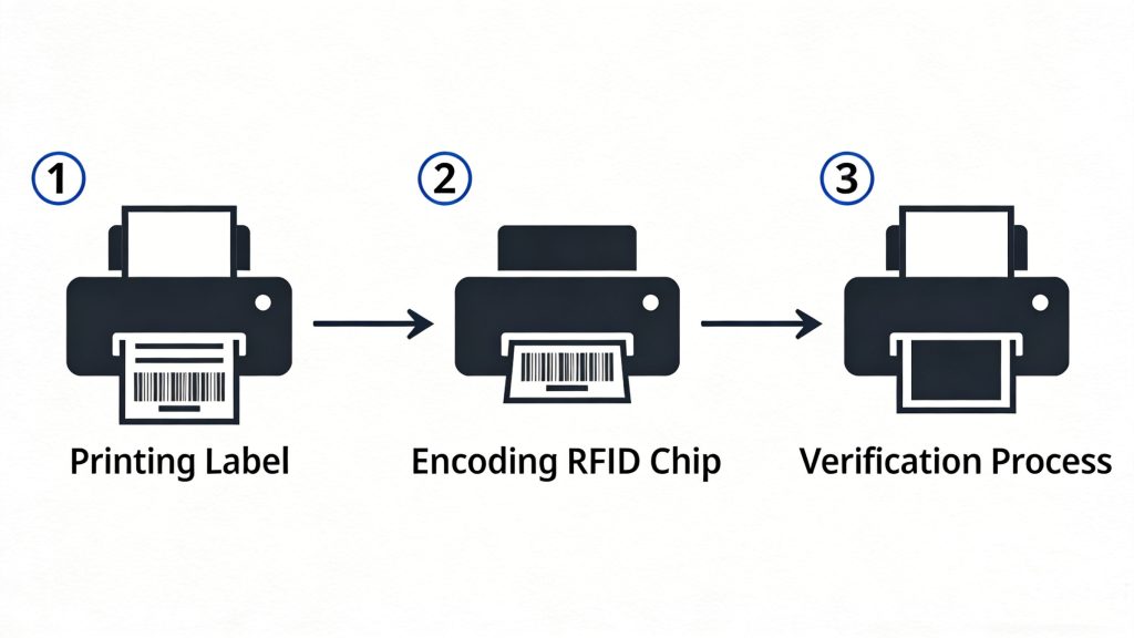 diagram of RFID printer encoding and printing process