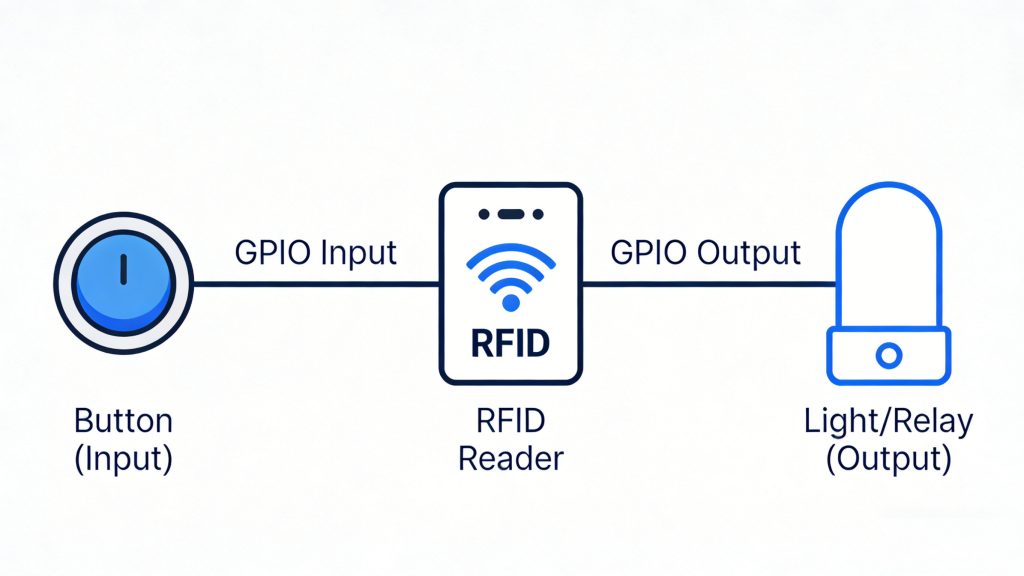 Uxiliary Equipment in RFID: Understanding General Purpose Input/Output (GPIO) Devices 1 diagram explaining GPIO input and output in RFID system