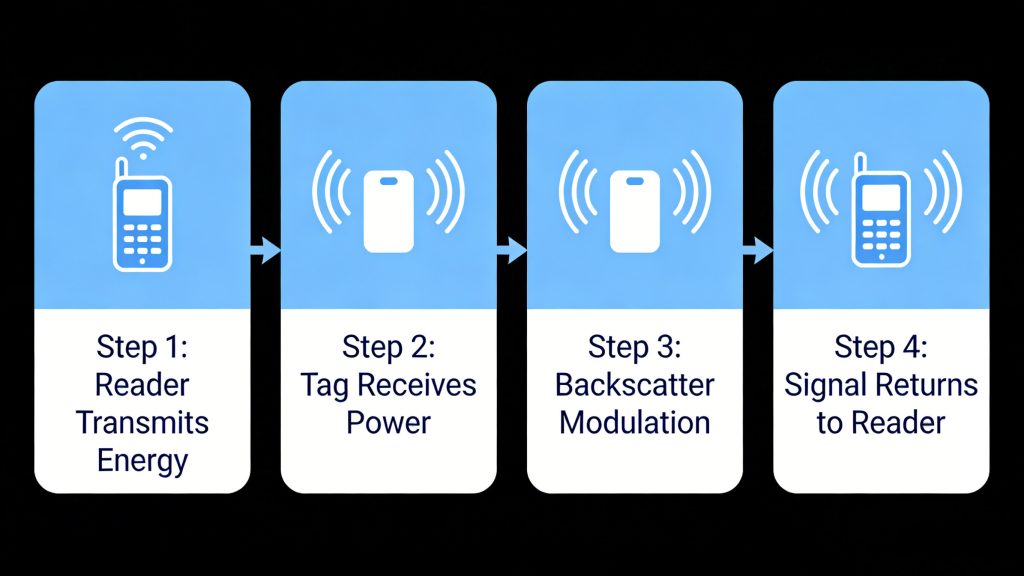 RFID system process showing energy transmission and signal return