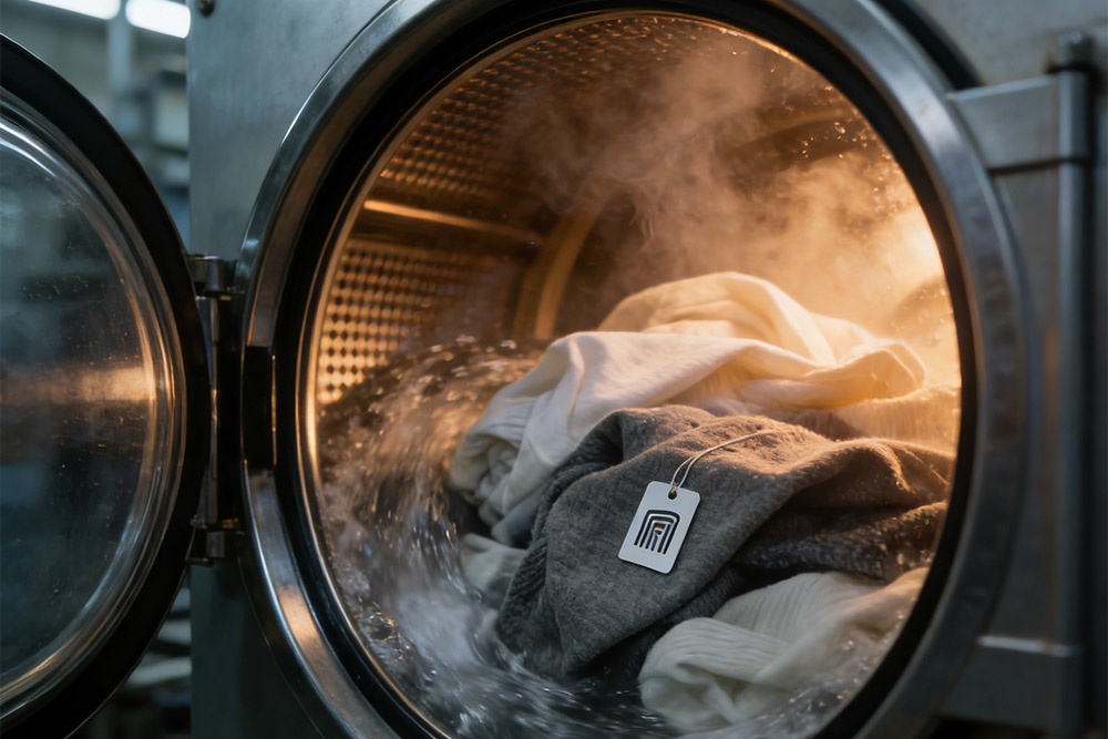 industrial washing machine with rfid tagged textiles showing durability and heat resistance
