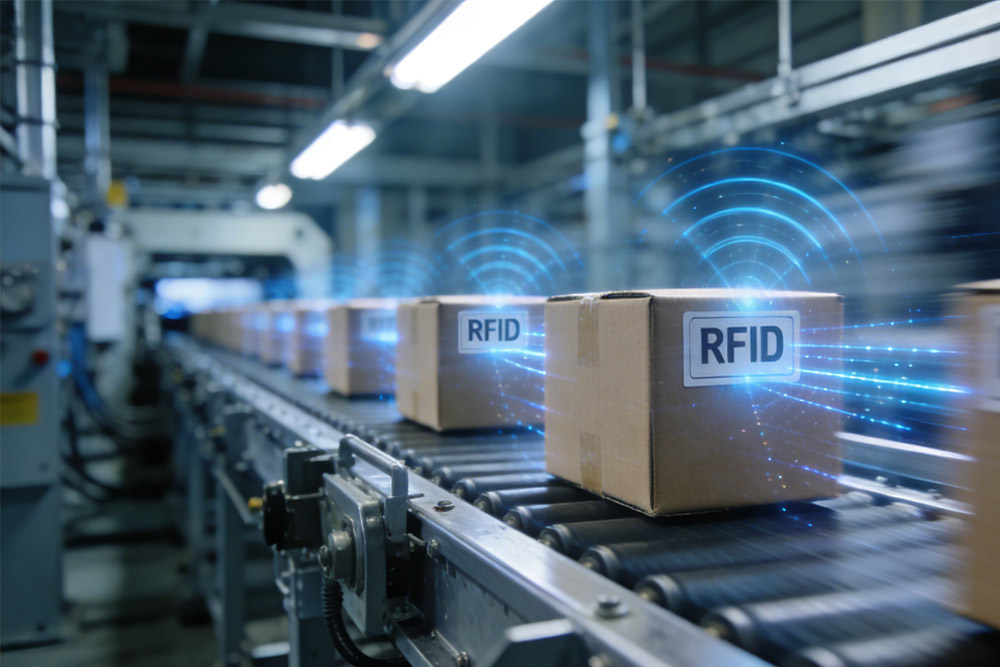 RFID tags on cartons being read automatically by antenna during movement