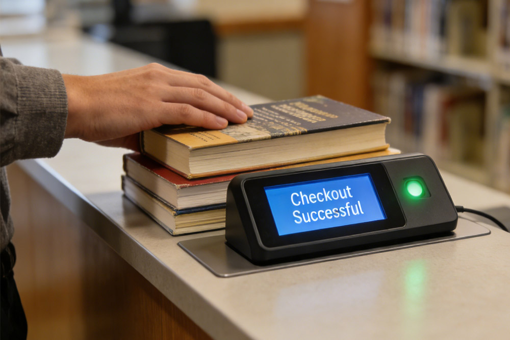 user placing multiple books on RFID reader for instant checkout