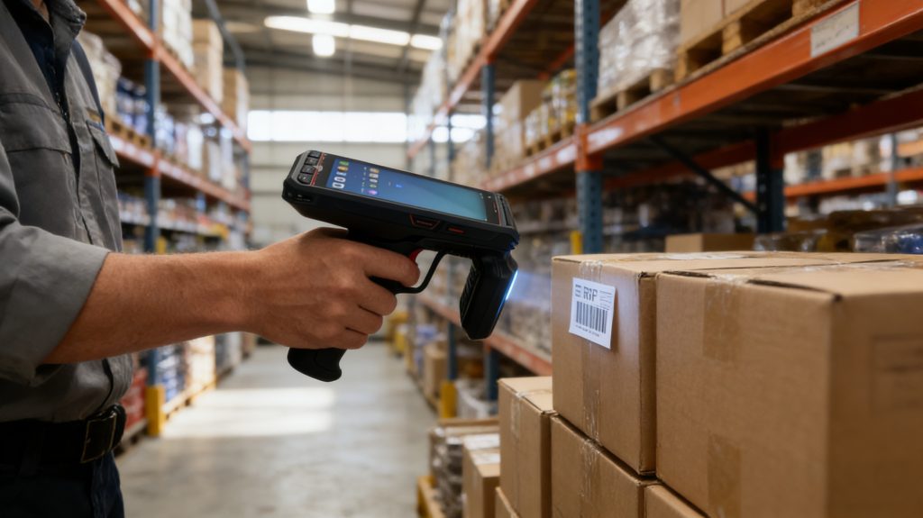 handheld rfid writer writing uhf rfid tag on logistics boxes