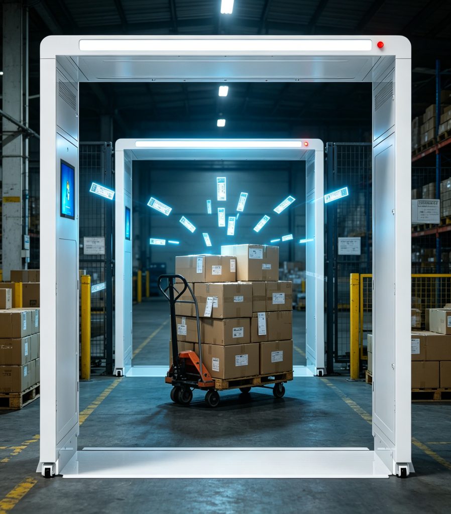 What is entry tracking system and real applications 1 RFID system scanning bulk goods at warehouse entry