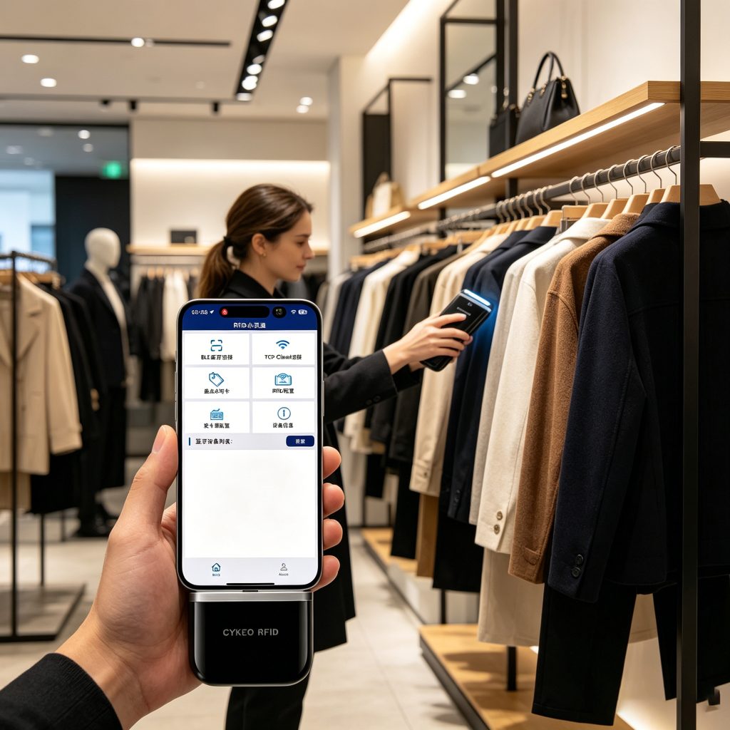 staff scanning clothing items using android rfid reader