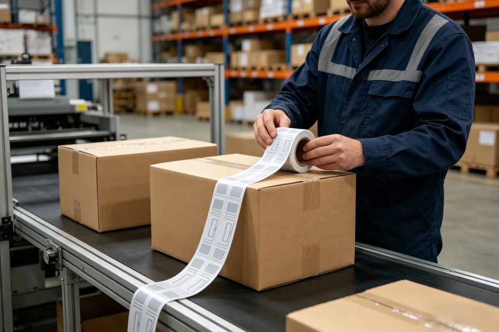 Worker peeling RFID label from cardboard box