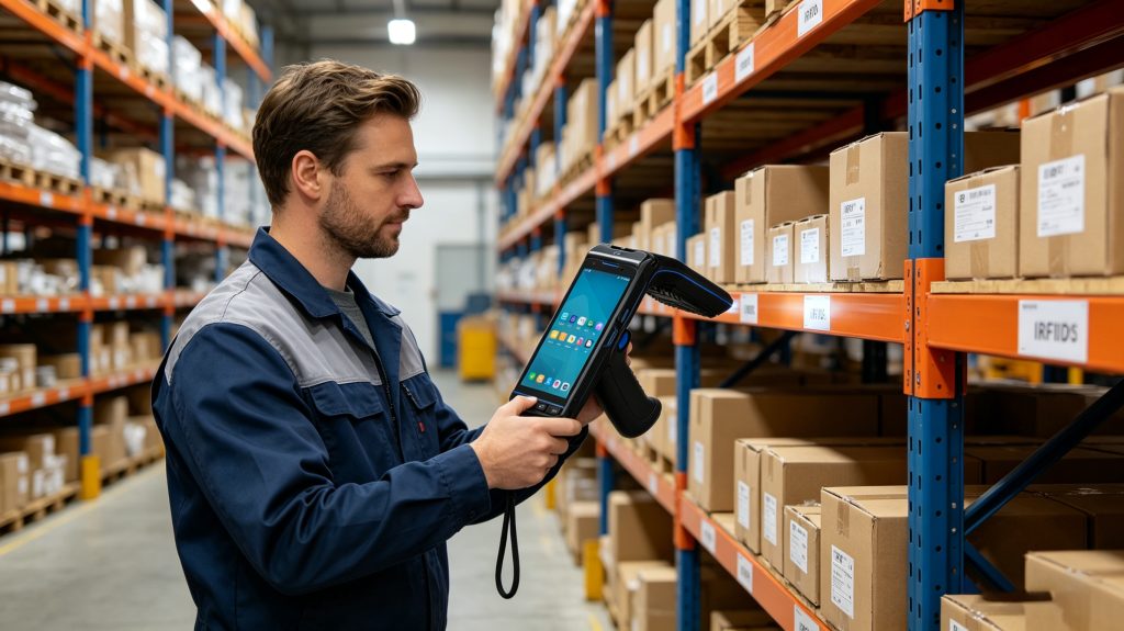 worker scanning RFID tags using handheld reader in warehouse
