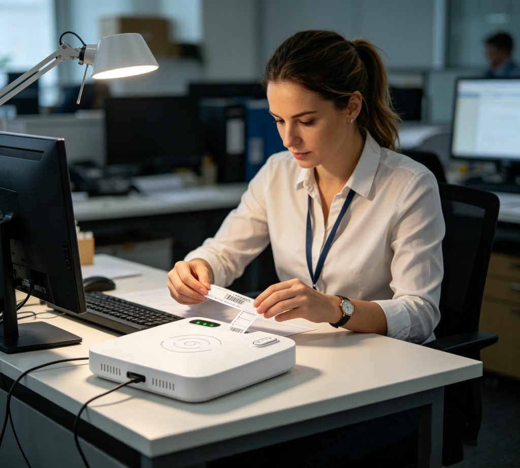 Desktop RFID writer encoding tags on workbench