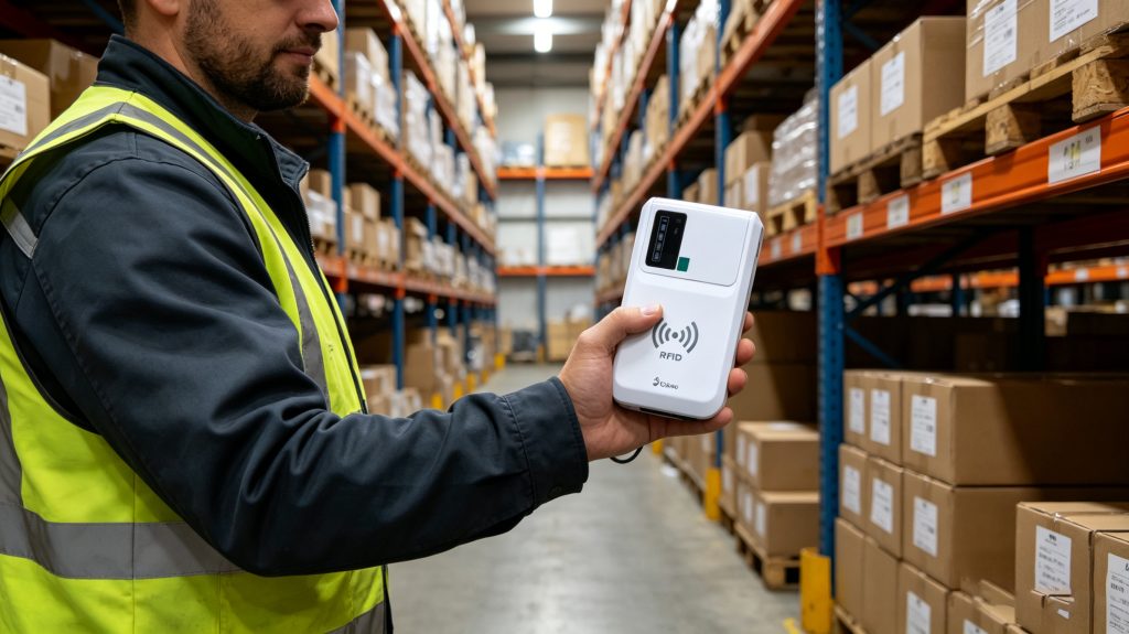 worker using handheld RFID scanner to read tags on shelves