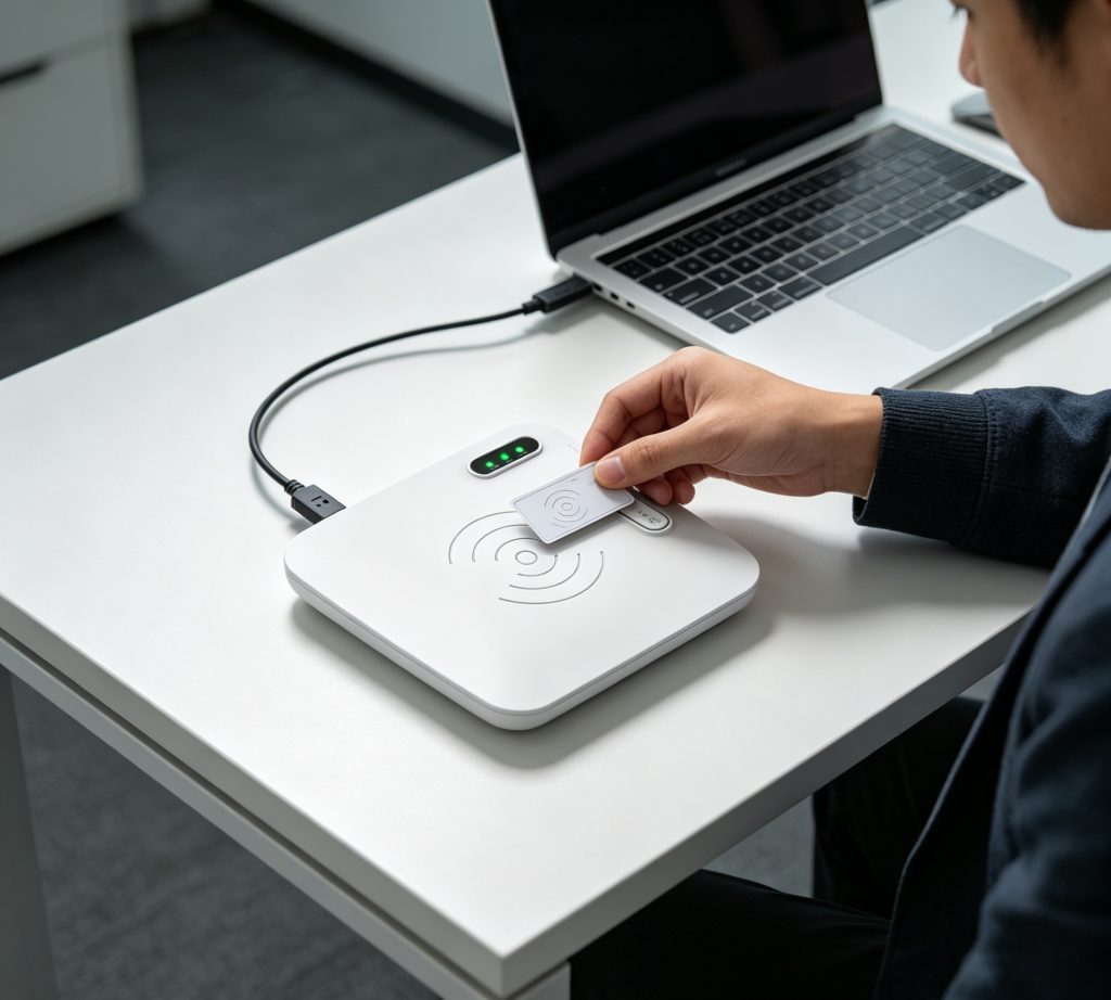 rfid desktop reader connected to computer writing tags