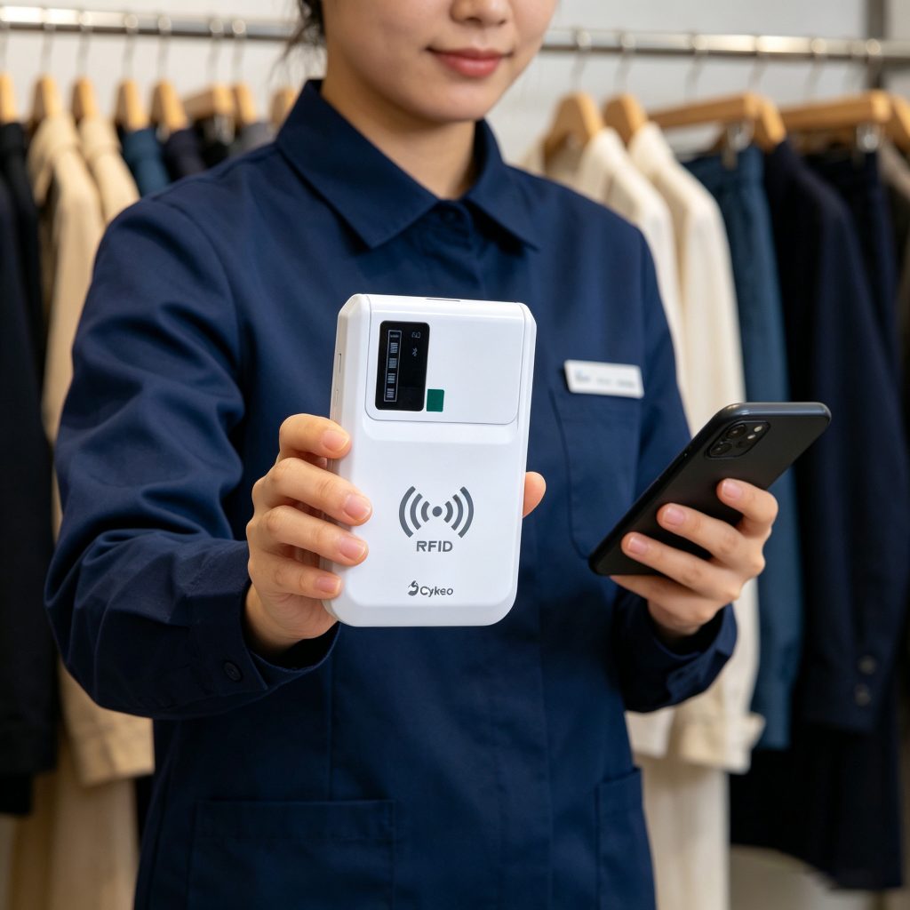 employee scanning clothing racks with handheld rfid device