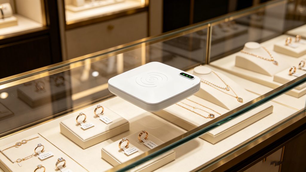 RFID reader scanning tagged jewelry items in retail display