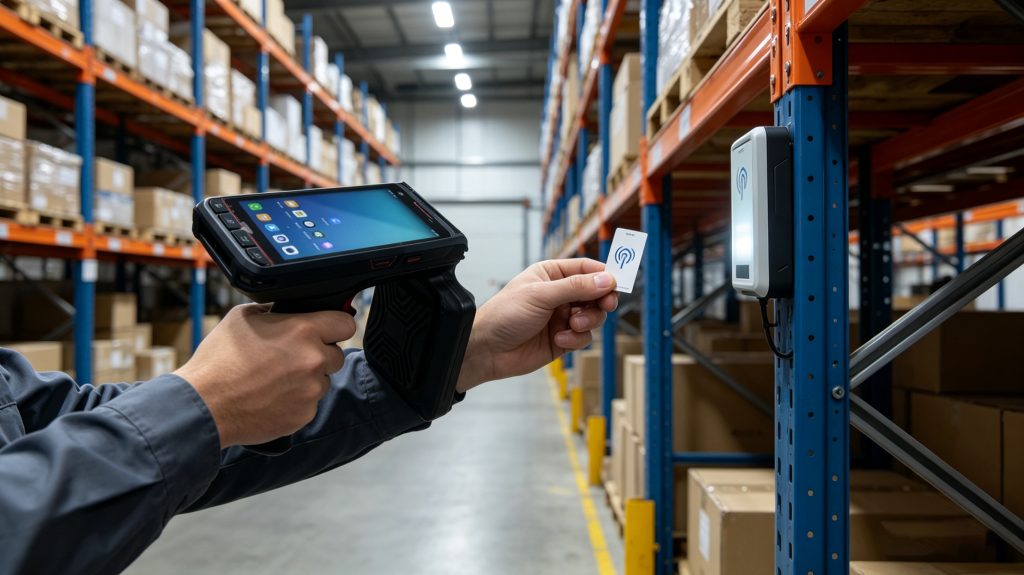 Technician testing RFID tag using UHF reader device