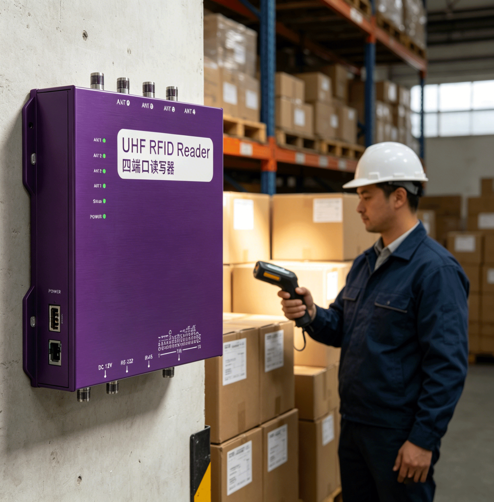 Worker using handheld RFID reader near fixed system