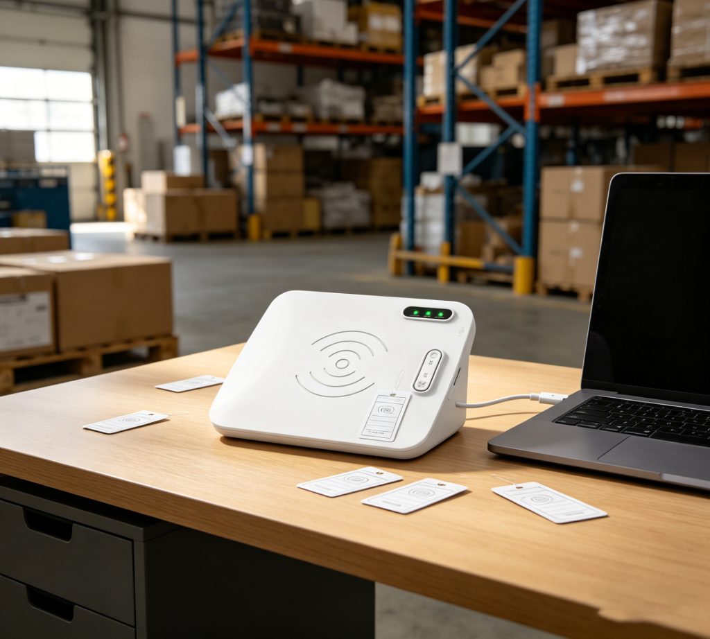 Cykeo D1L RFID desktop writer encoding tags on workbench