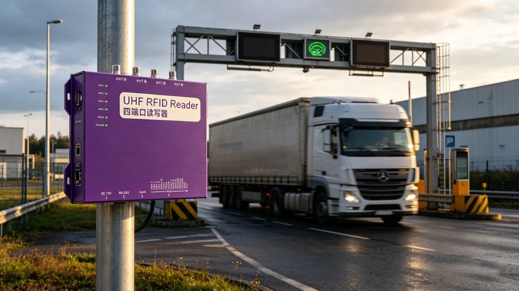 Industrial RFID reader installed outdoors for vehicle tracking