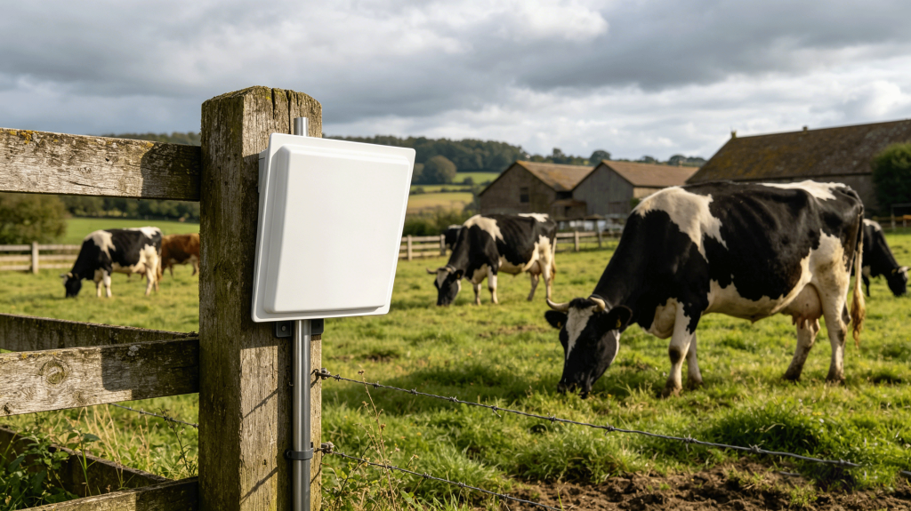 Weatherproof RFID reader installed on farm fence