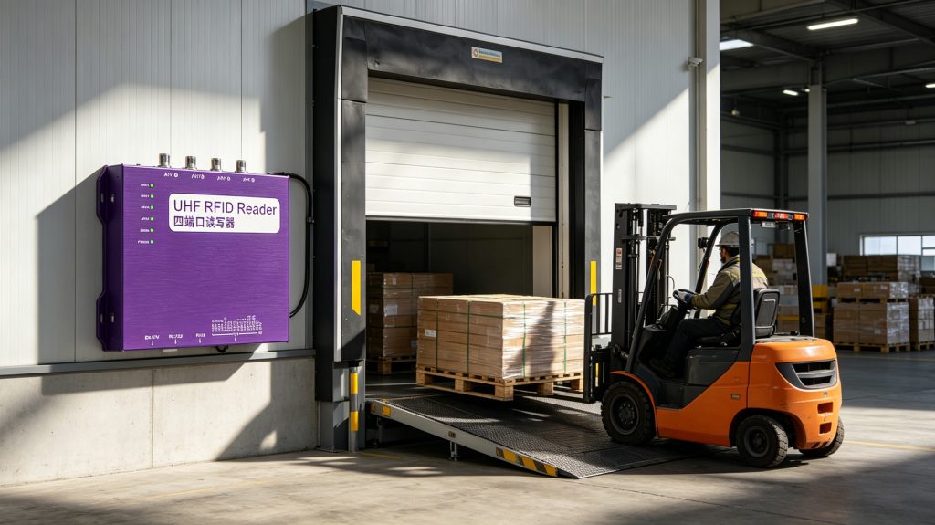 UHF RFID reader installed at warehouse entrance scanning pallets