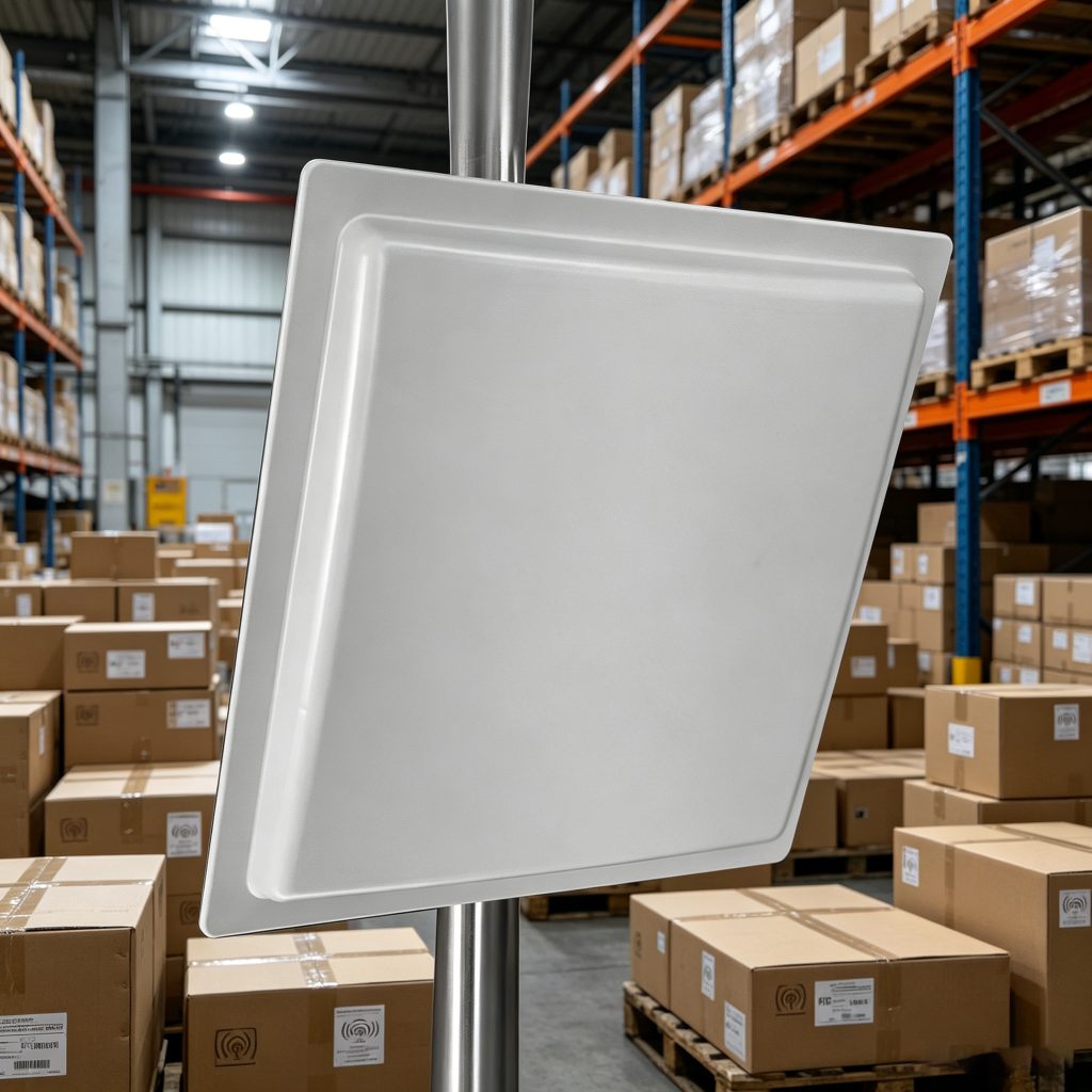 RFID reader scanning multiple tagged boxes simultaneously