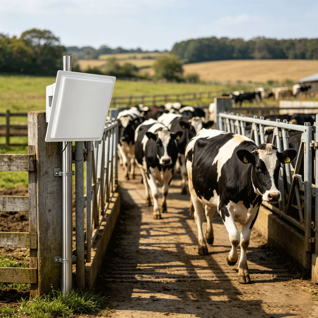 RFID reader scanning cattle ear tags in livestock chute