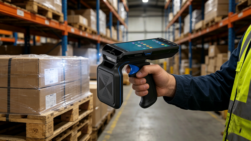 rfid gun handheld scanner reading pallet tags in warehouse