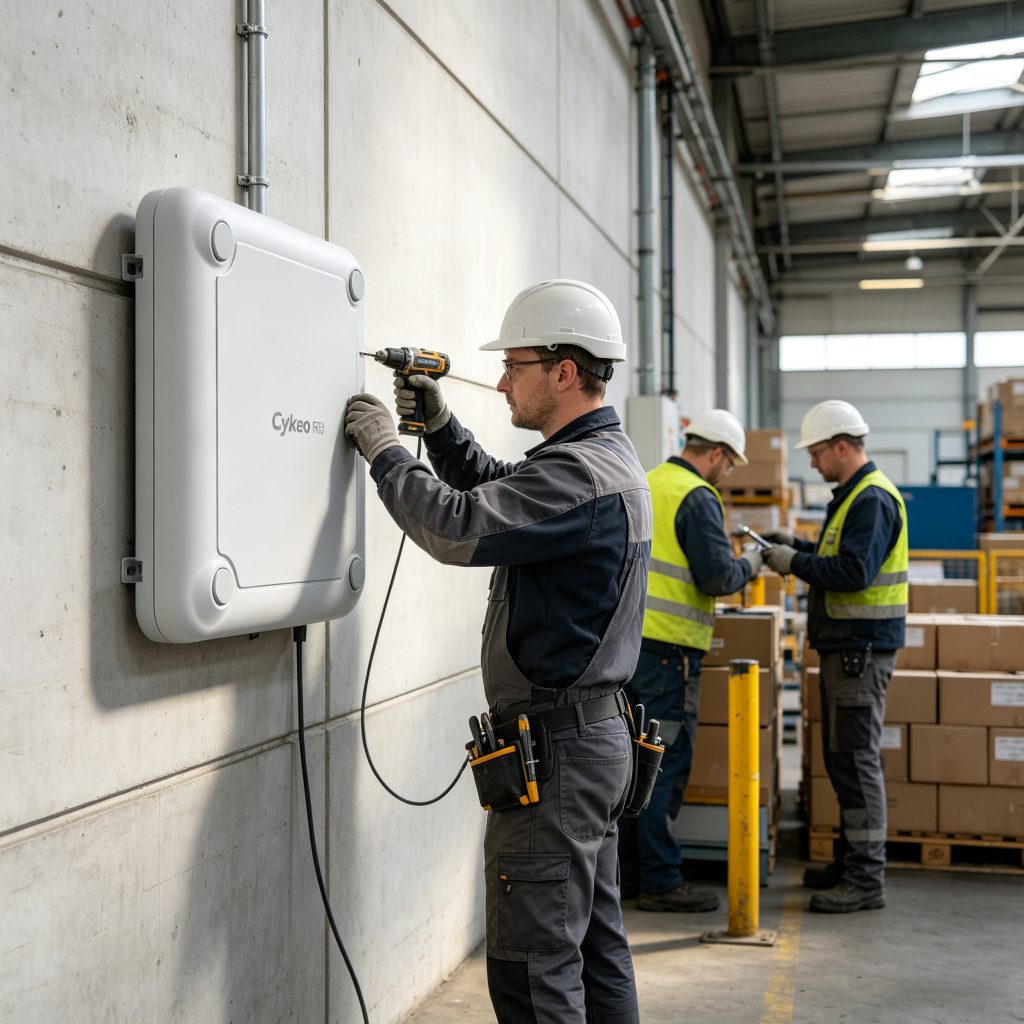 Technician adjusting RFID antenna for better read range